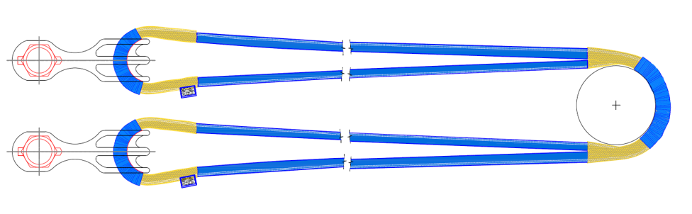 Drawing of two round slings in basket hitch over a trunnion, eyes on twin hooks, with protection sleeves at each bearing point